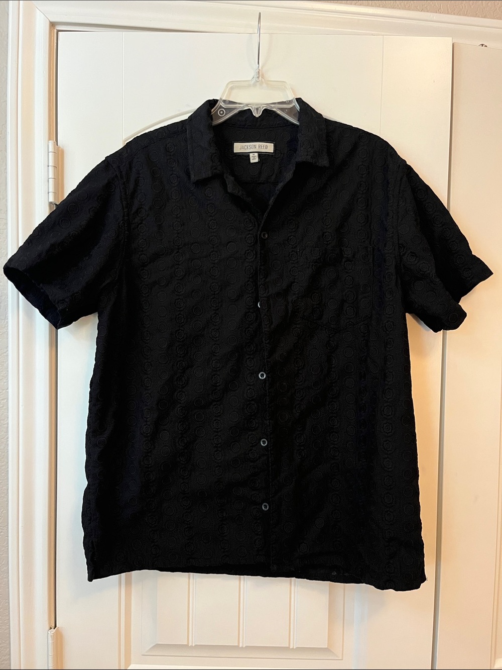 Madison Black Short-Sleeve Eyelet Button-Down Shirt